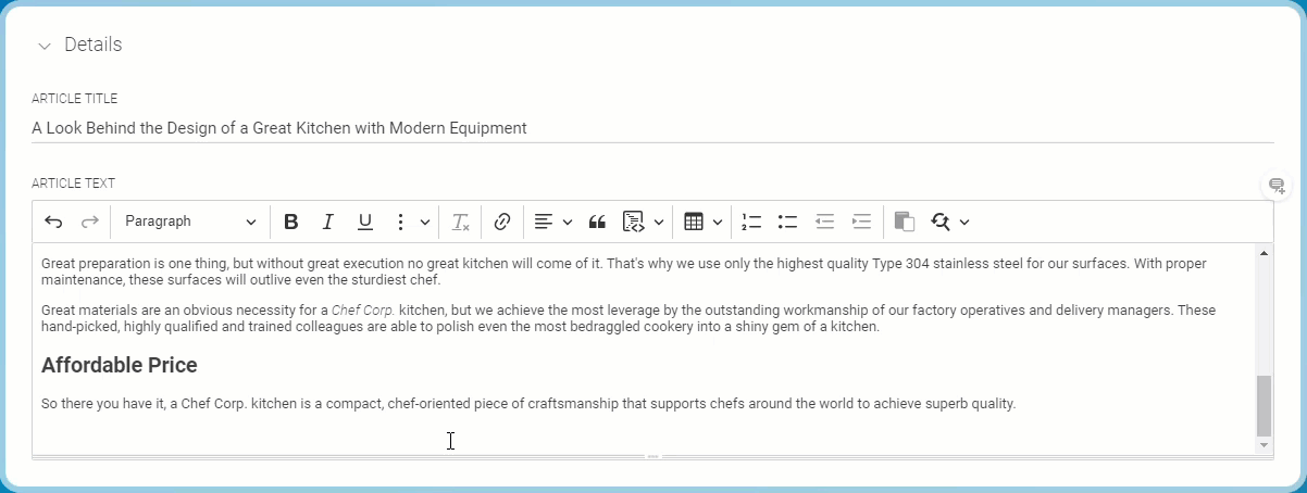 Specify size of table