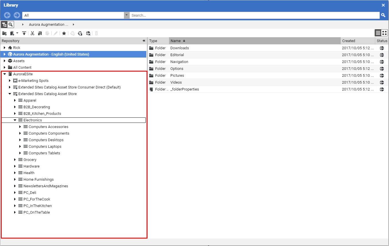 Library with catalog in the tree view