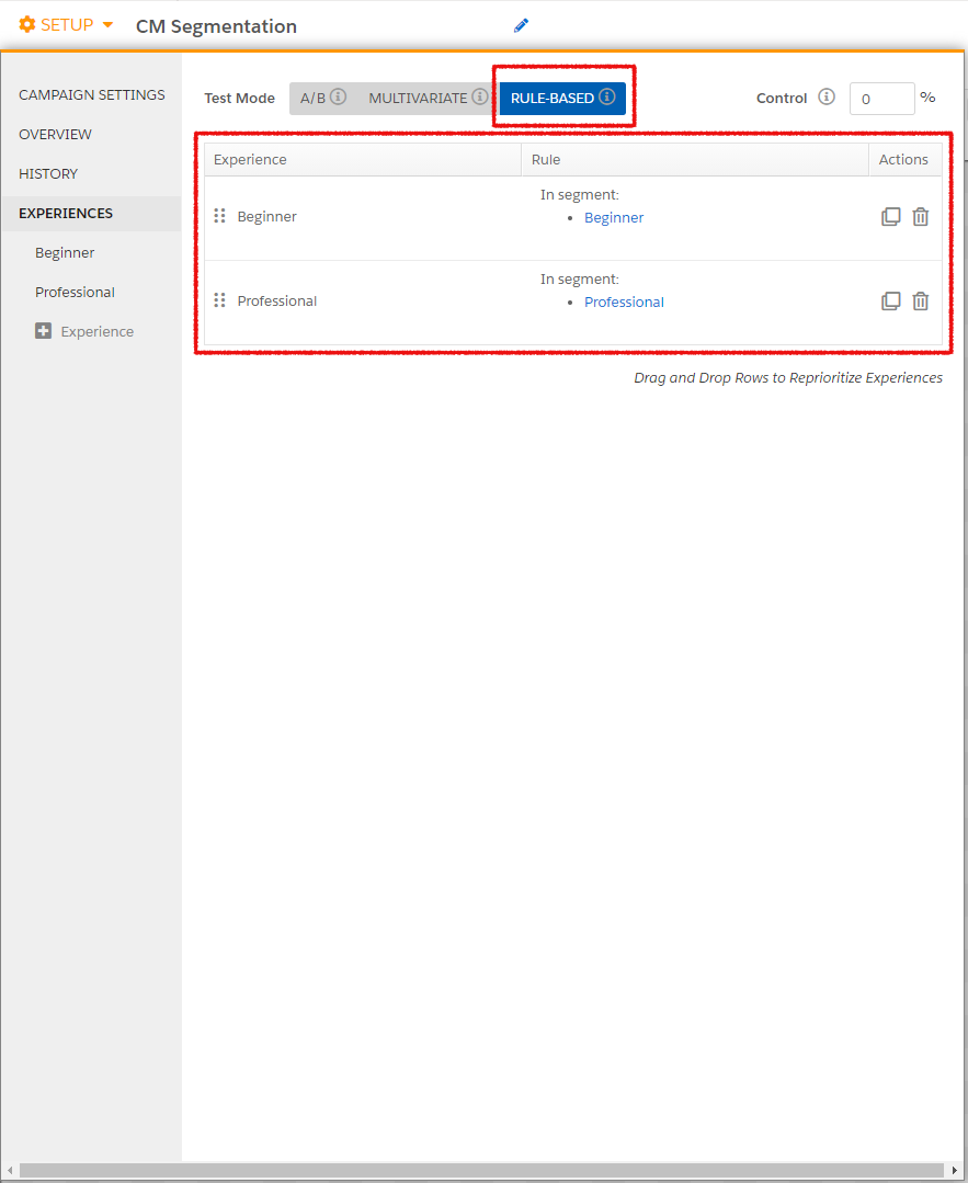 Defining Segment experiences in Evergage