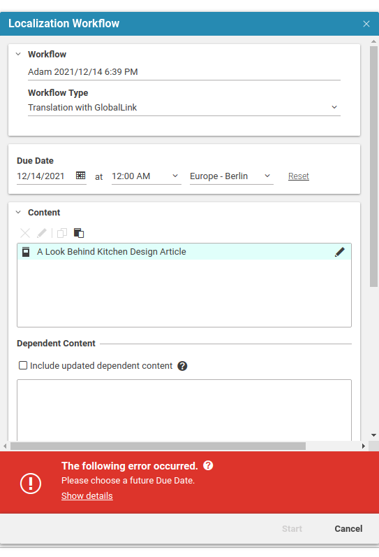 Start Workflow form Extension for the Global Link Translation Workflow