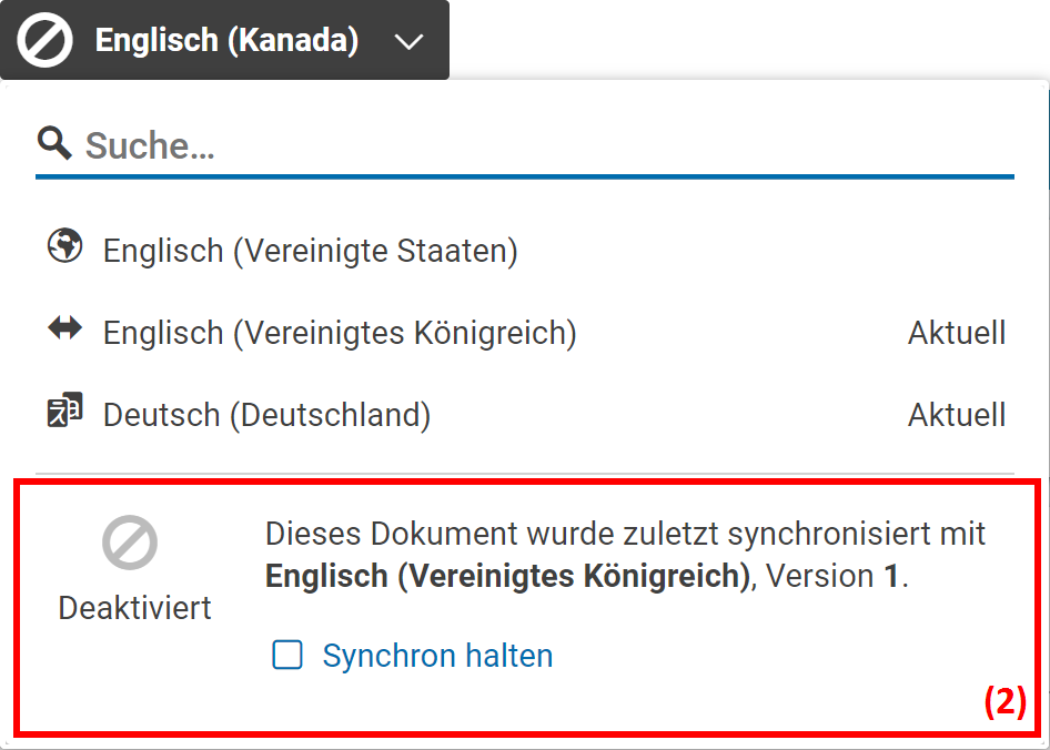 Lokalisierungsstatus: Deaktiviert – in diesem Beispiel für Englisch (Kanada)