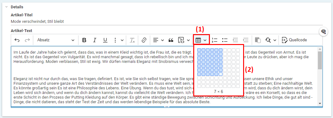 Tabellengröße angeben