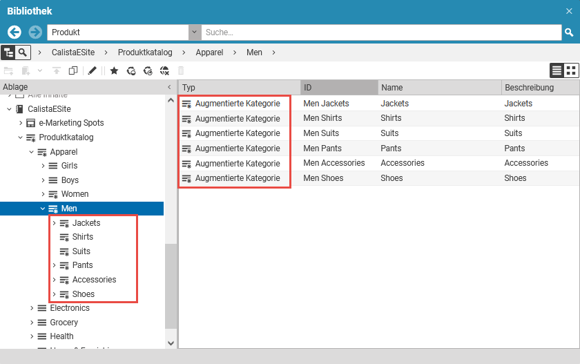 Augmentierte Kategorien in der Baumansicht der Bibliothek mit geändertem Symbol
