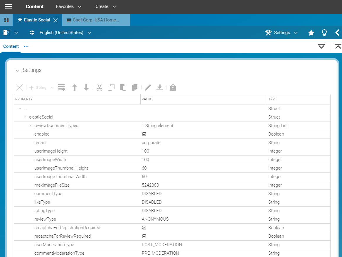 Elastic Social configuration in a Settings content item