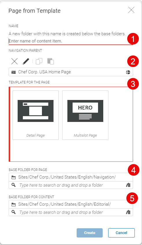 Page from Template dialog