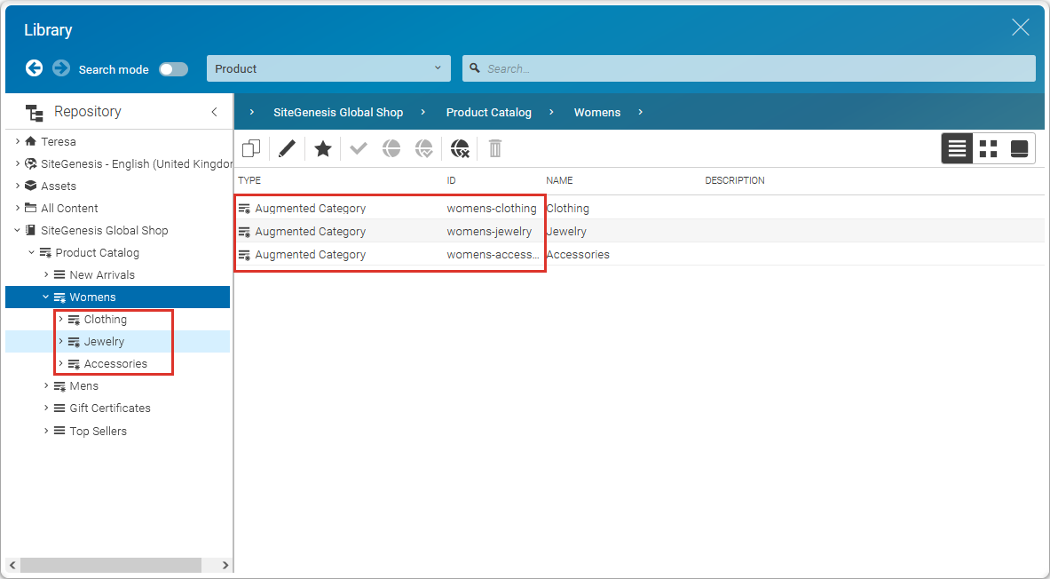 Augmented categories in the tree view of the Library with specific icon