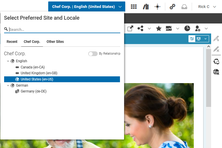 The site selector on the Header bar