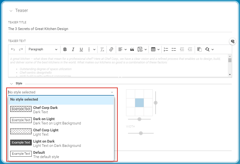 Select style for movable teaser text