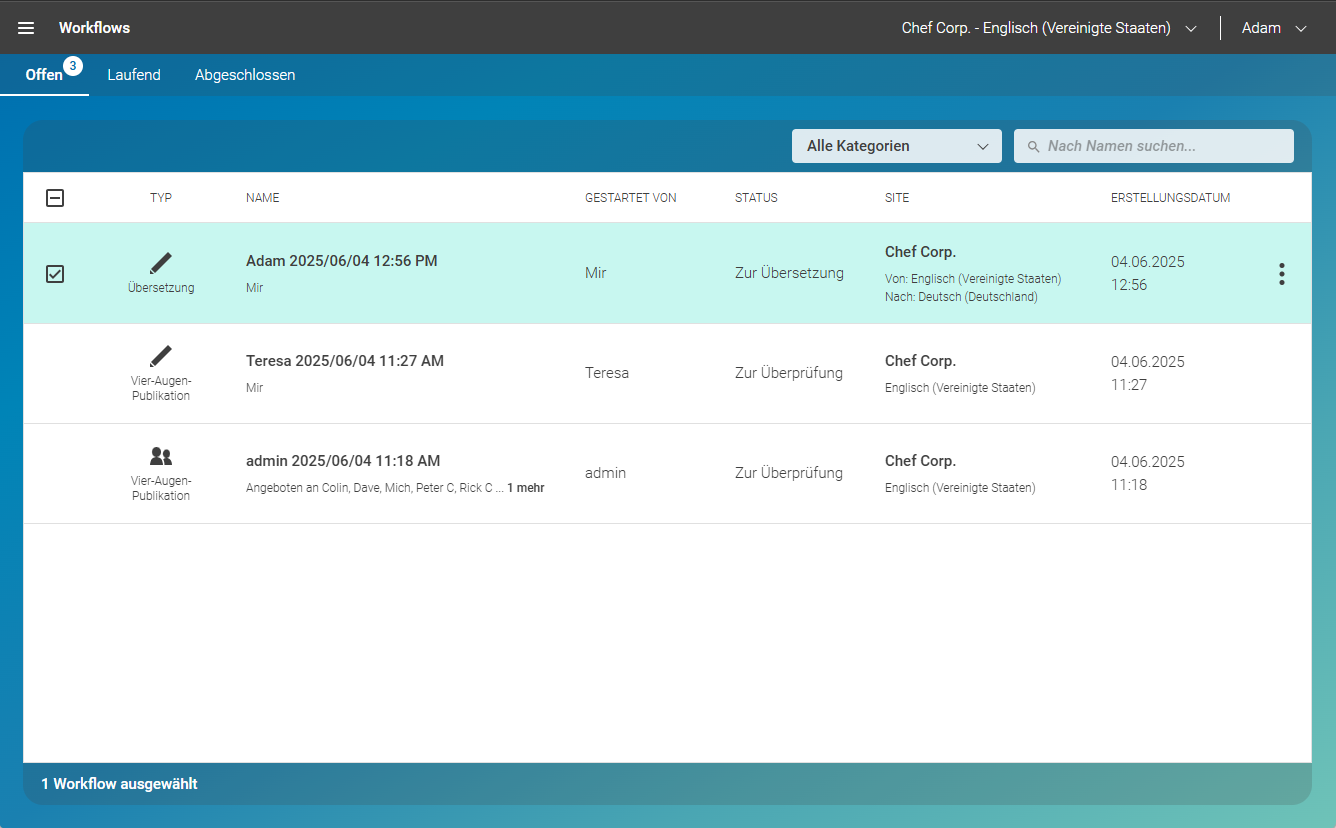 Hauptansicht der Workflow App