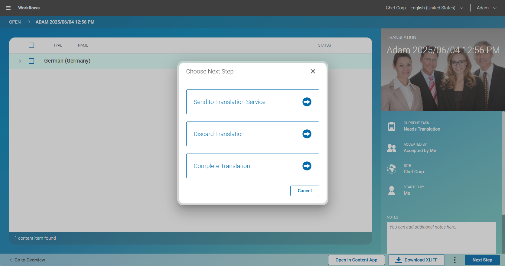 Translation workflow detail panel next steps