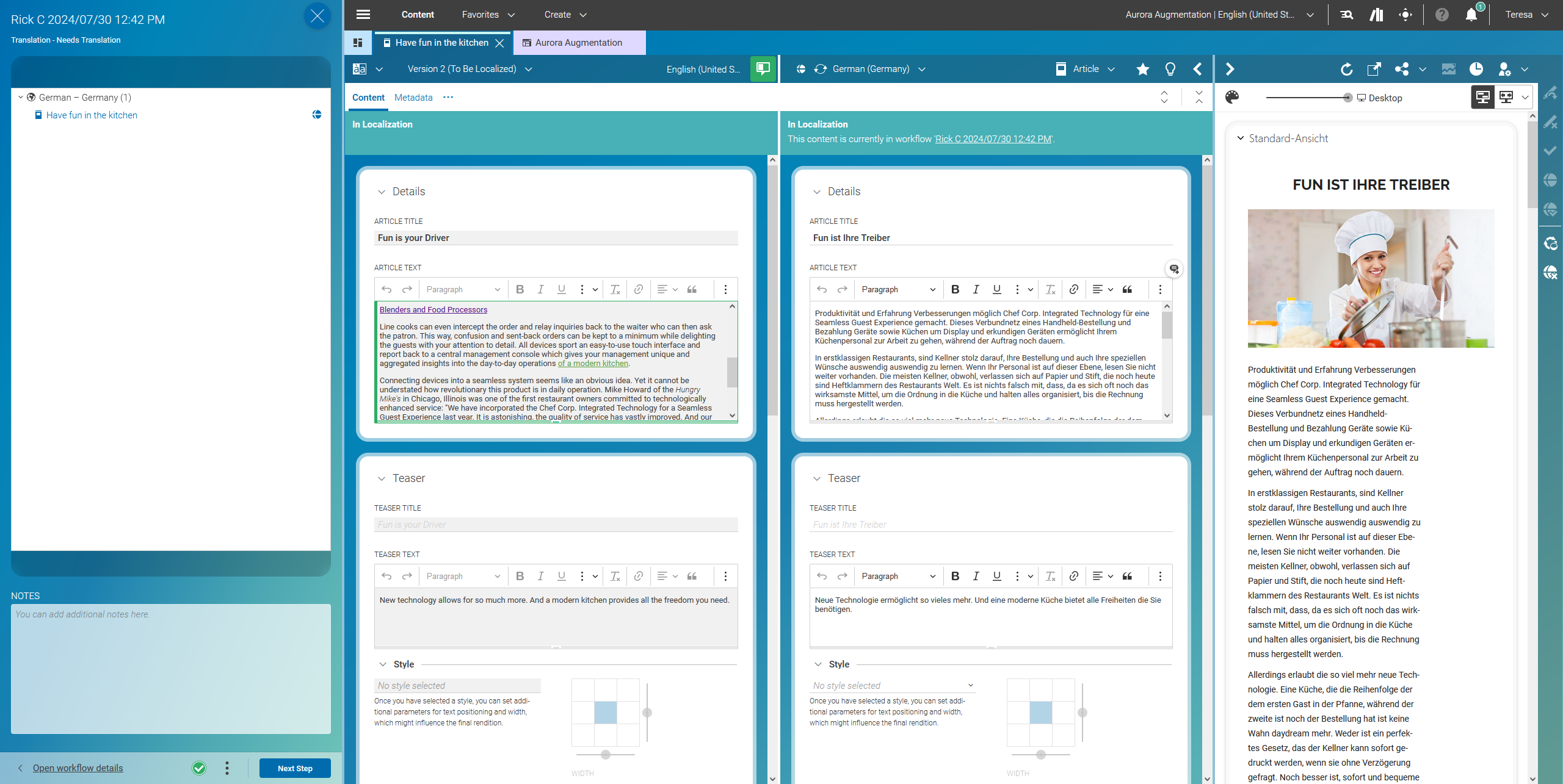 Side-by-Side Translation/Review with Highlighted Changes
