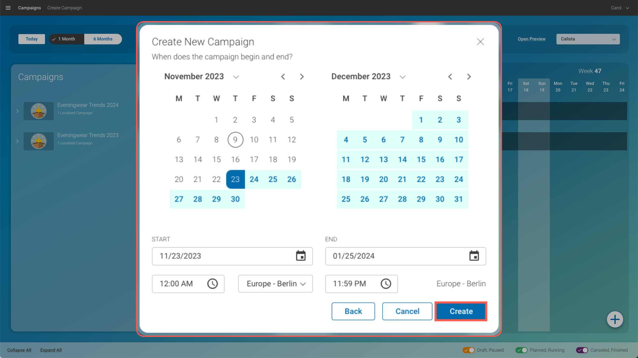 Enter start and end date of campaign