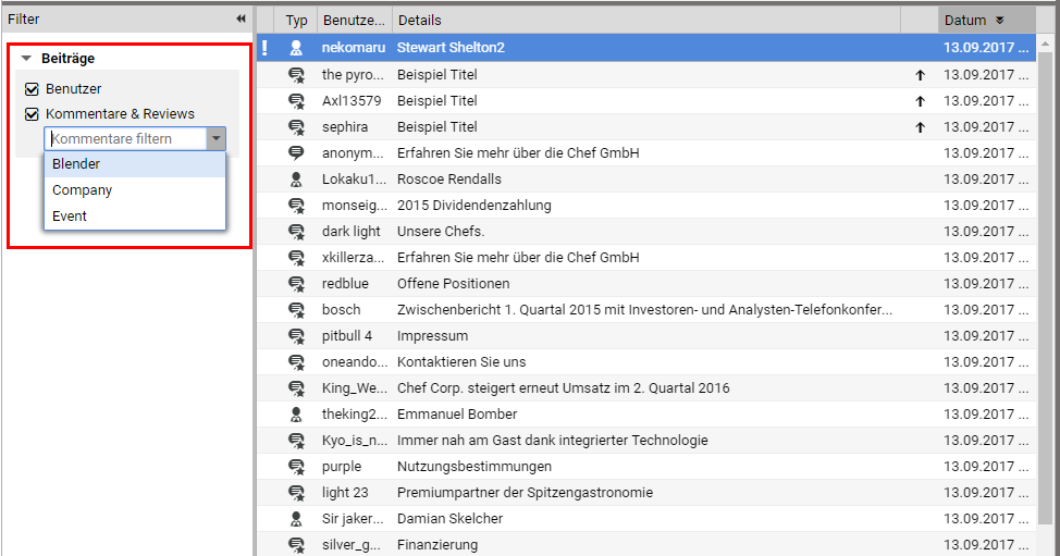 Filter auf die Liste der Nutzer und Kommentare anwenden