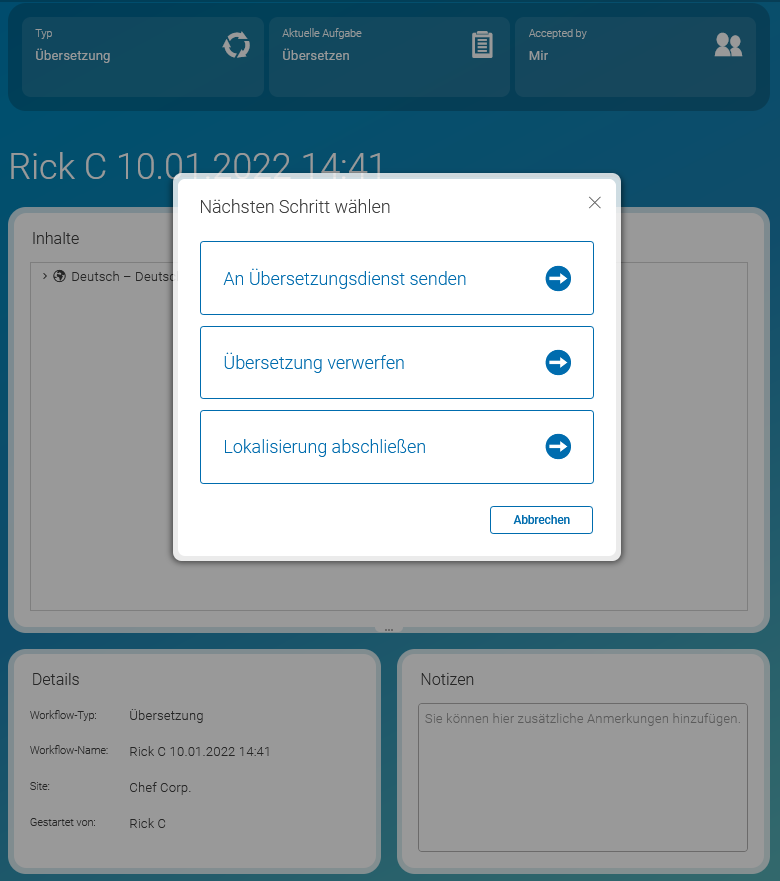 Detailansicht im Übersetzungs-Workflow Bereich