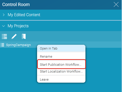Start publication workflow context menu