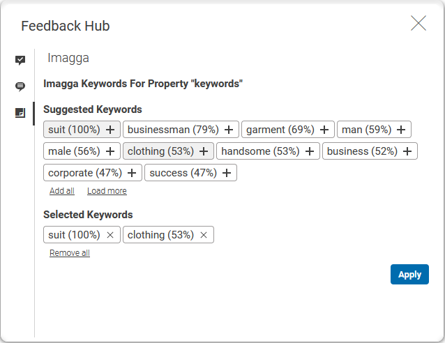 Feedback Hub Window with keywords from Imagga system
