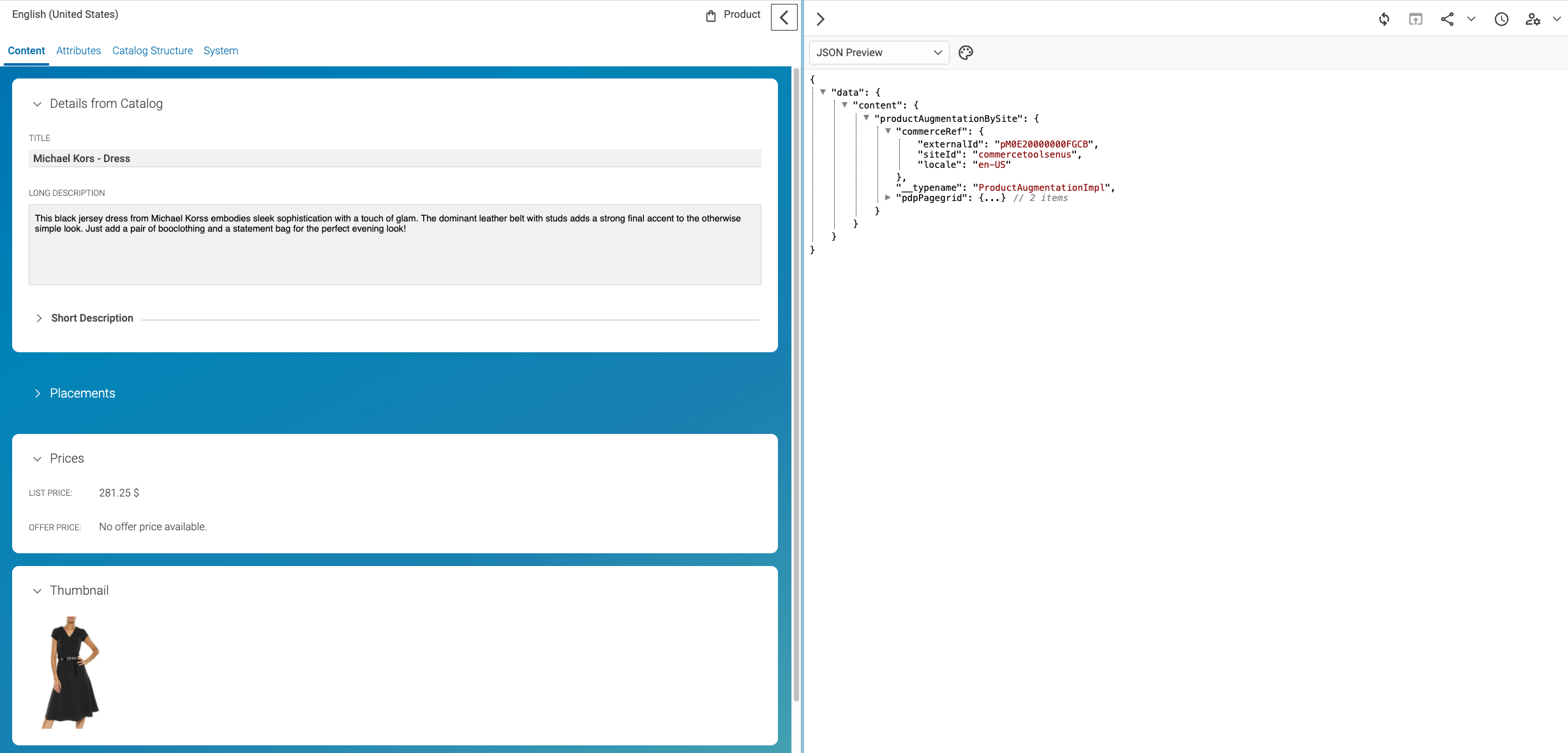 Product in tab with JSON preview