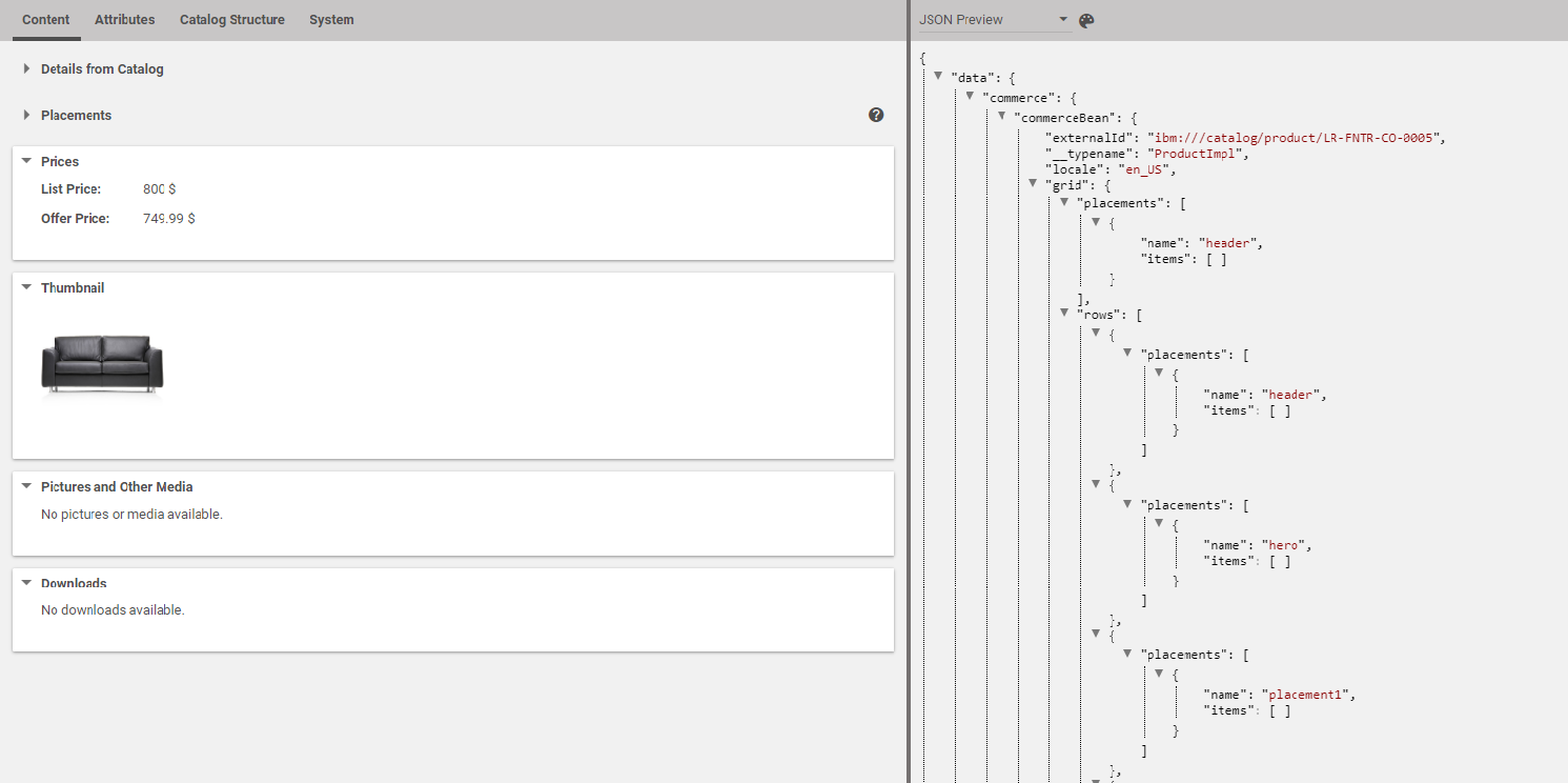 Product in tab with JSON preview (HCL Commerce 9.1)