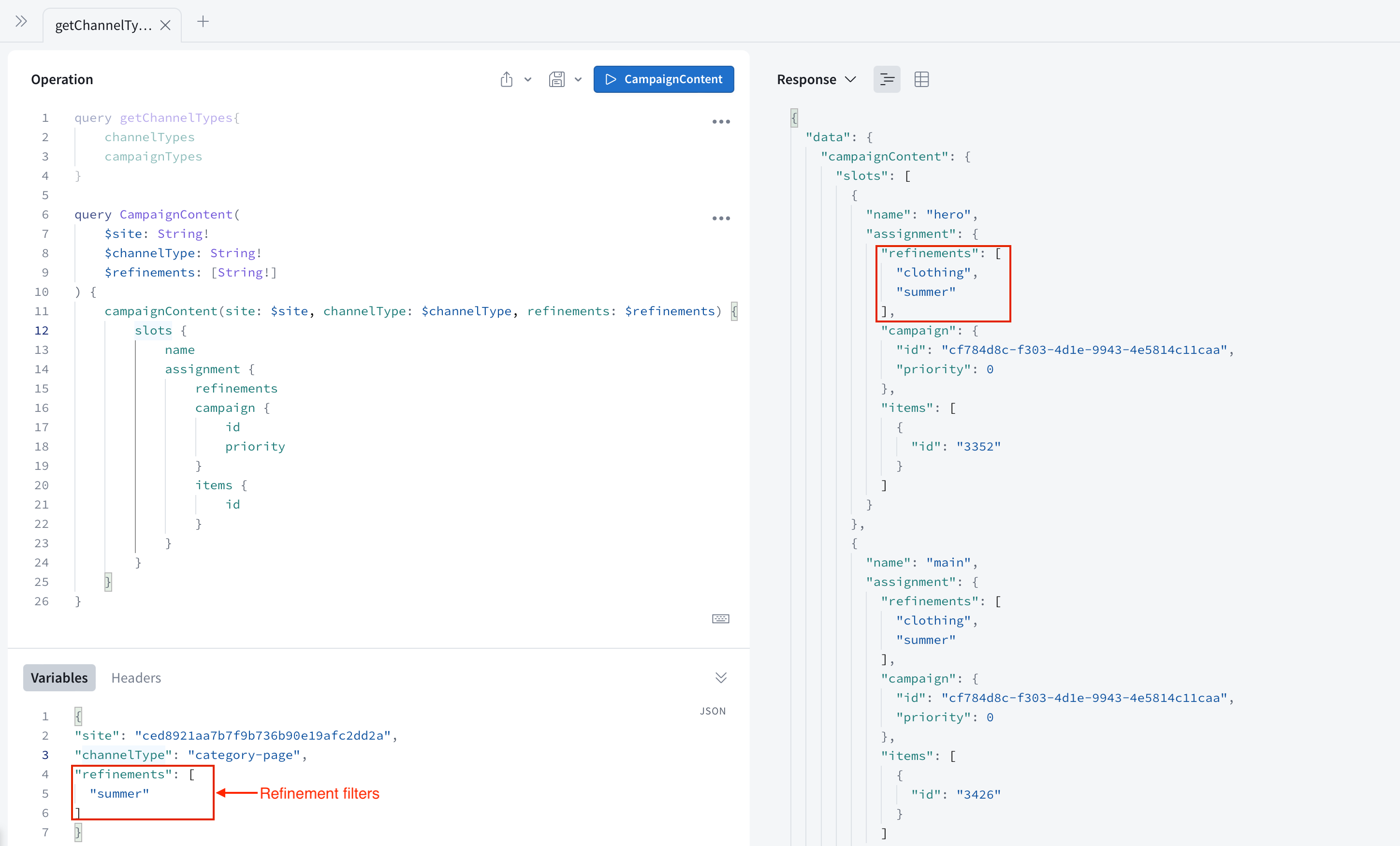 Only the summer collection Campaigns are retrieved for the site with the id "ced8921…"