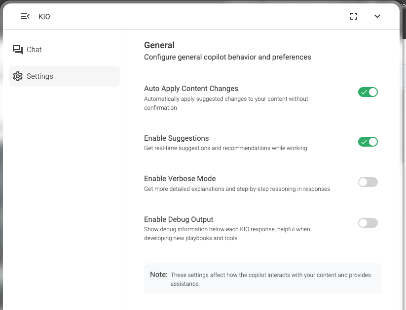 KIO Settings menu