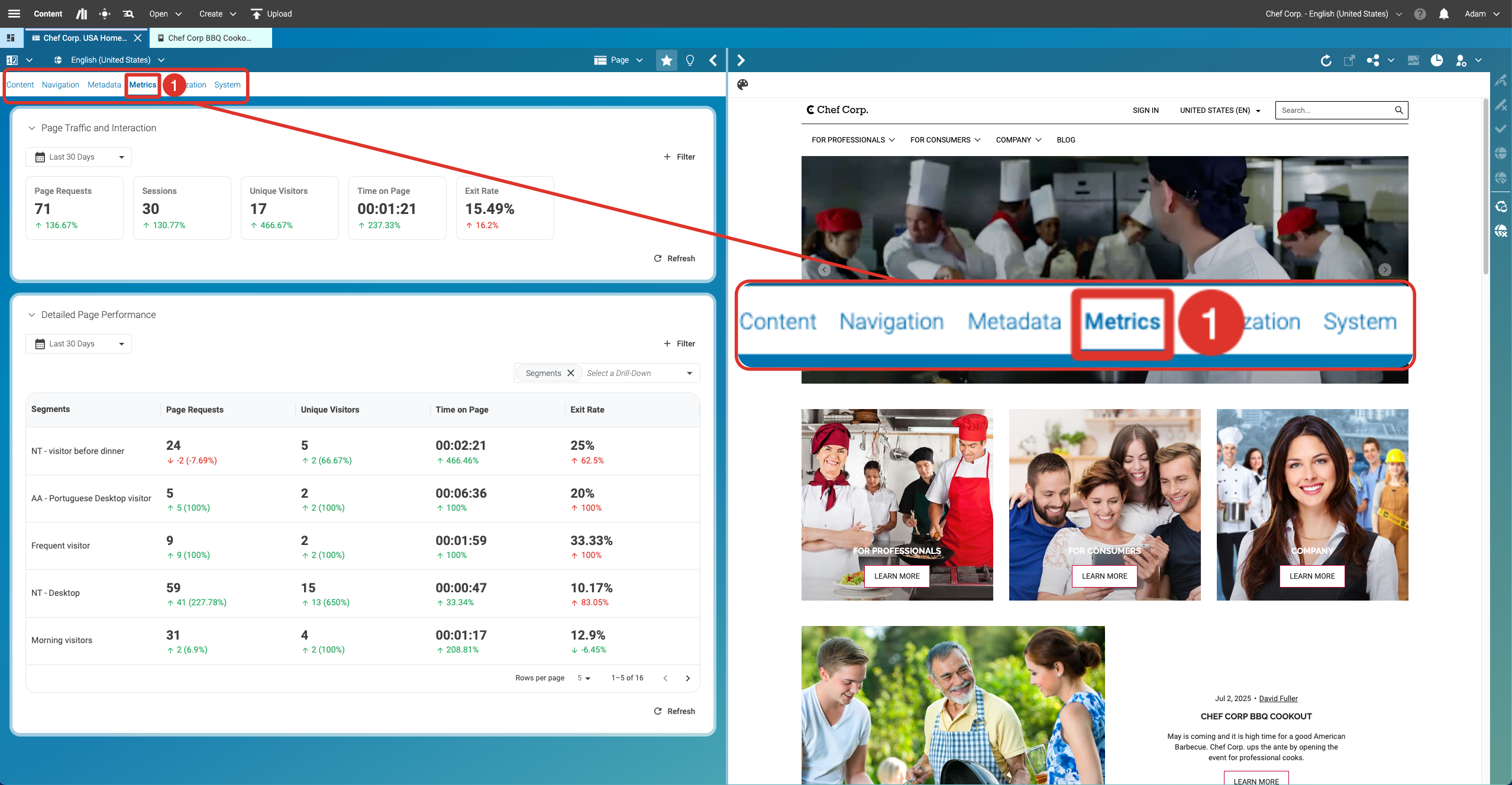 Metrics tab location