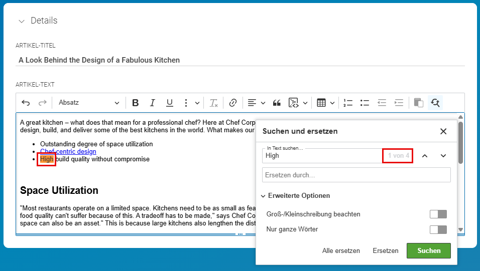 Suchergebnisse in formatiertem Text