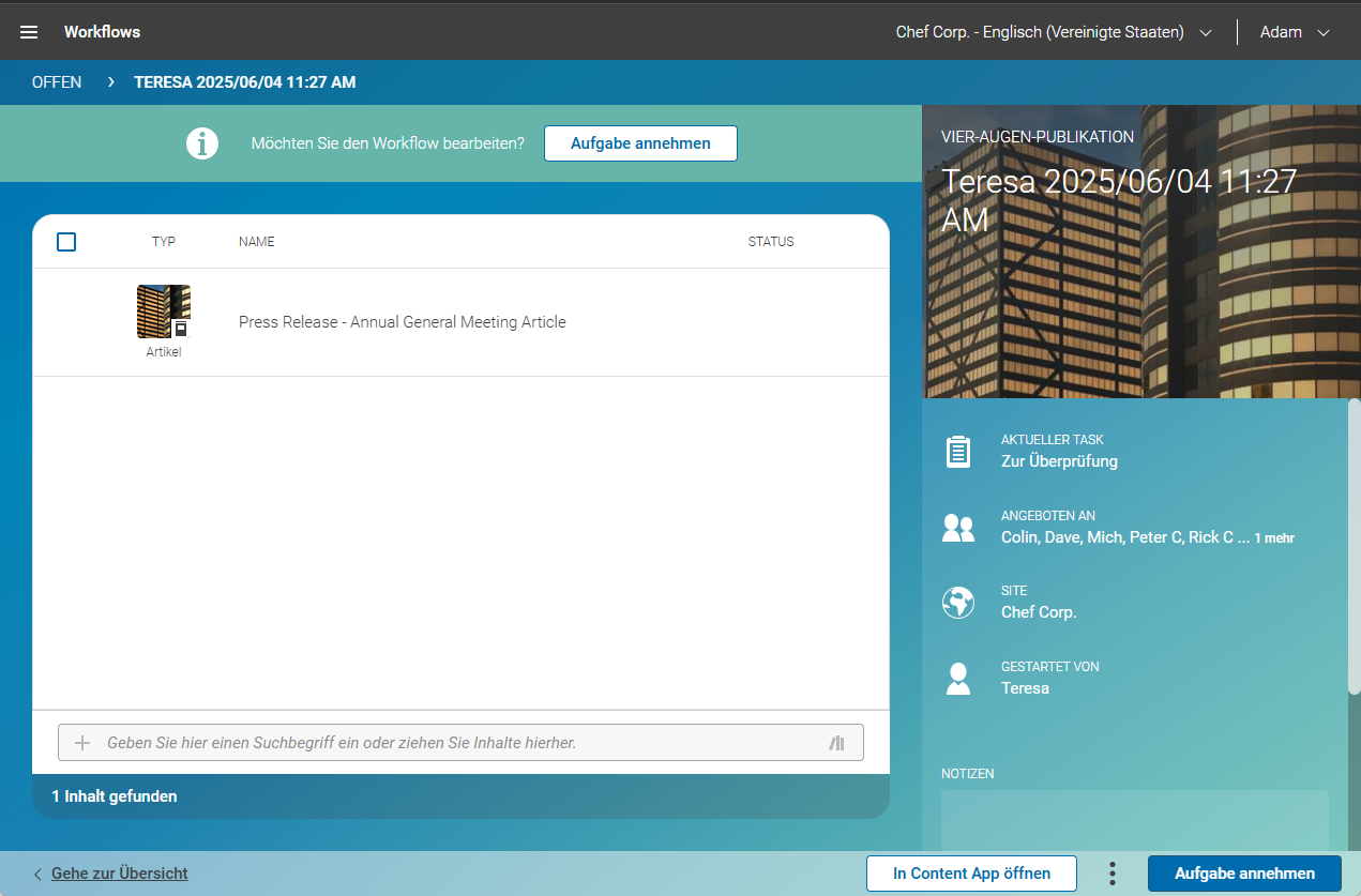 Geöffneter Workflow in der Workflow App