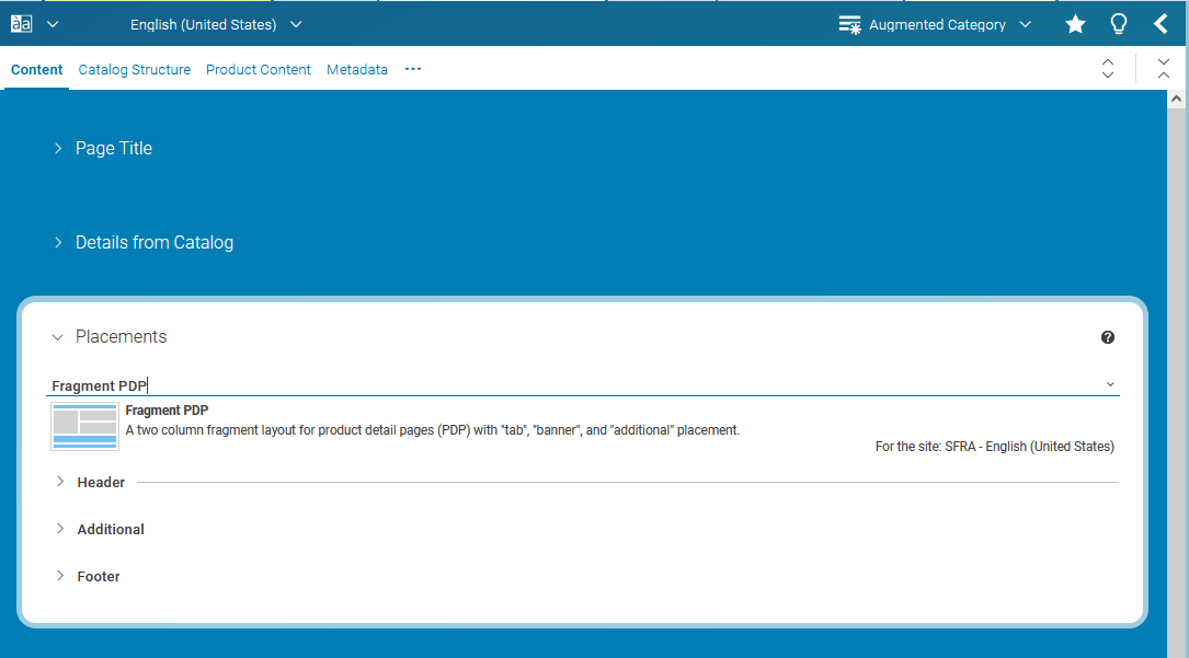 Example of a page with a page grid for fragment use. The placements that corresponds to the commerce layout are highlighted in blue and are the only ones that can be edited.