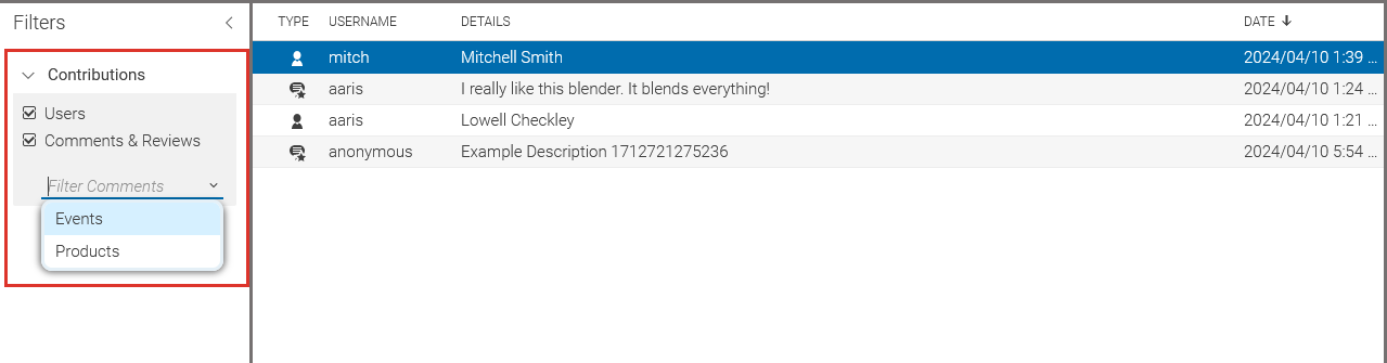 Applying filters to the list of comments and users