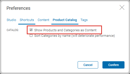 The CoreMedia product catalog preference tab