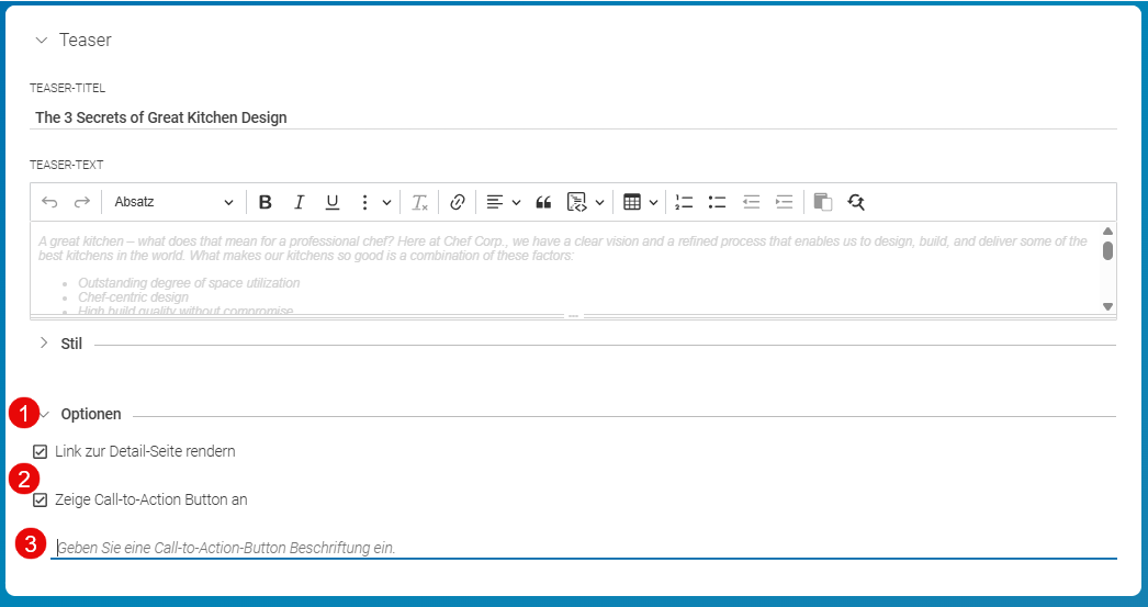 Call-to-action Konfiguration in teasable Inhalt