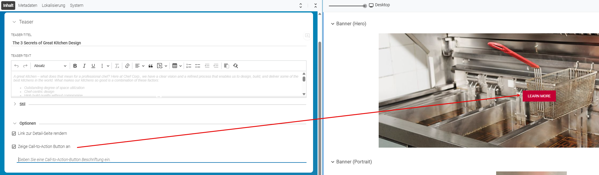 Call-to-action Schaltfläche in Teaser-Ansicht