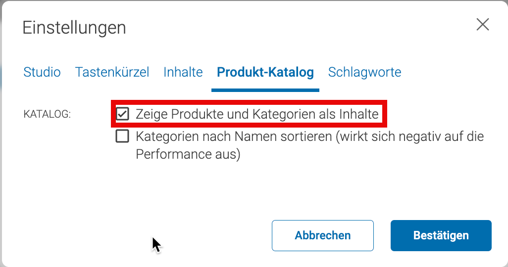 Die Registerkarte mit den Einstellungen des CoreMedia Produktkatalogs