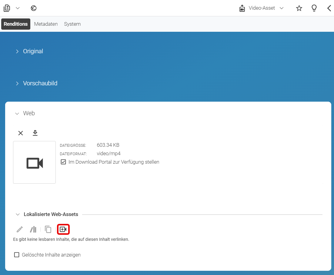 Schaltfläche um Video aus Asset zu erstellen