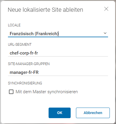 Dialog zum Ableiten einer Site