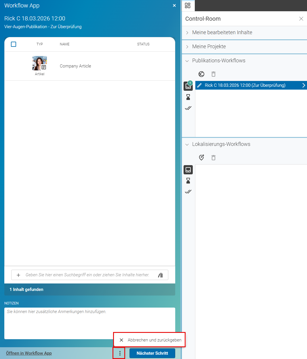 Angenommener Vier-Augen Publikation Workflow