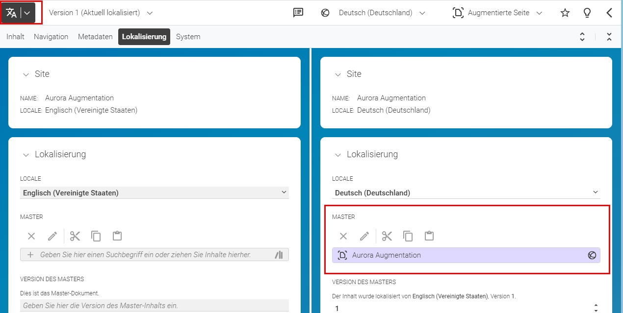 Vergleichsansicht zeigt die Master-Beziehnung