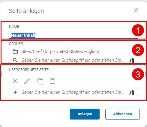 Seiten anlegen-Dialog