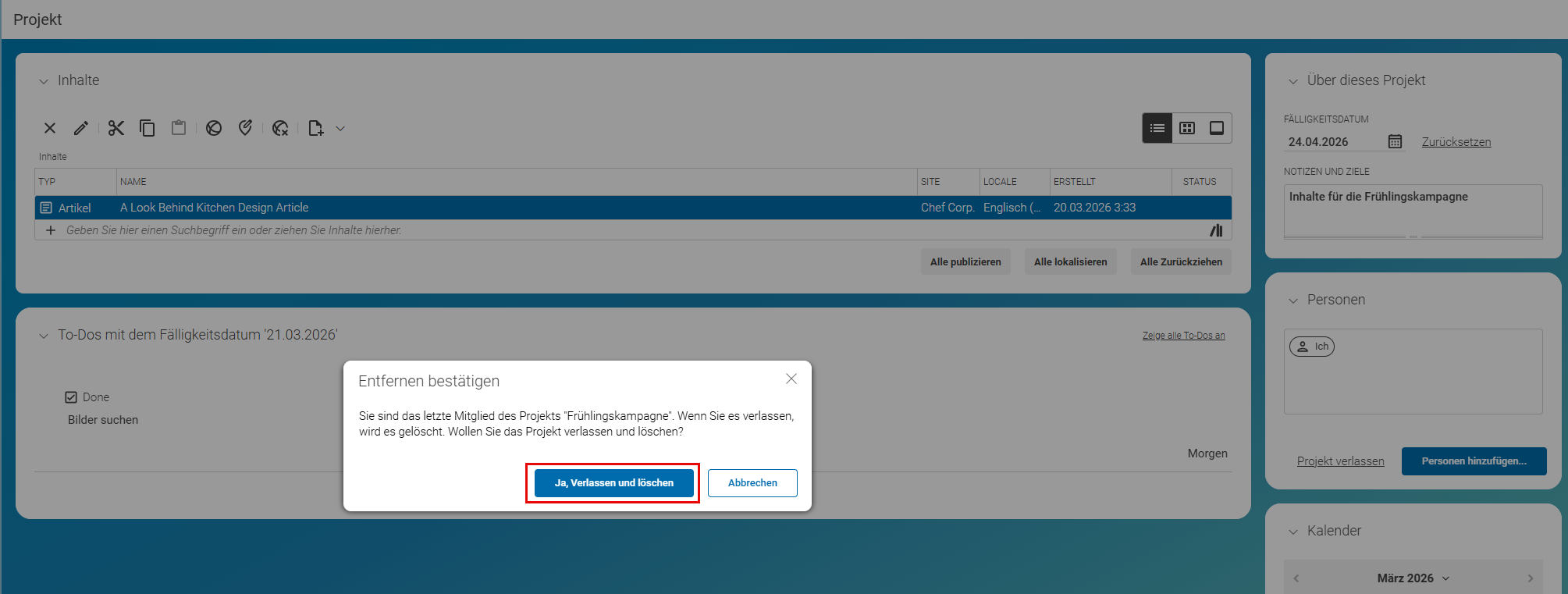 Löschen eines Projektes