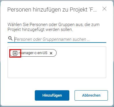 Personen hinzufügen-Dialog mit ausgewählter Gruppe