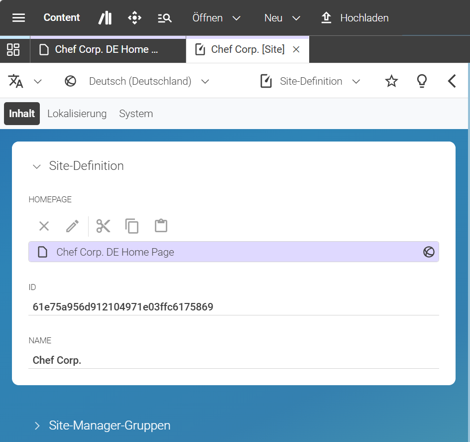 Site-Definition verlinkt auf die Startseite