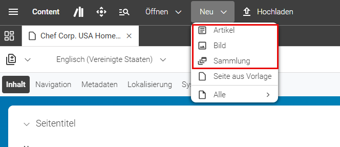 Häufig genutzte Typen im Neu-Menü