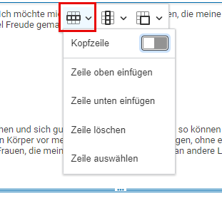 Menü zur Zeilen-Bearbeitung