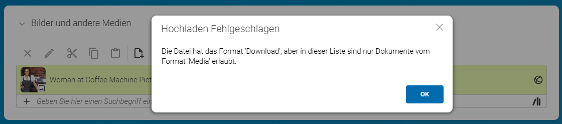 Versuch ein Dokument mit dem falschen MIME-Typ in eine Linkliste hochzuladen