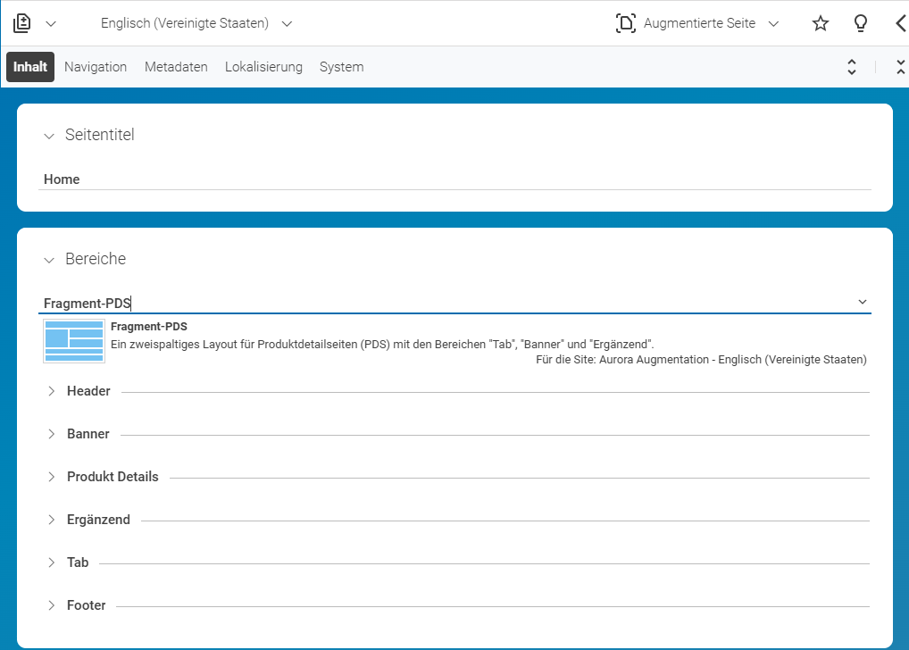 Beispiel einer Seite mit einem Seitenlayout für Fragment-Verwendung. Die Bereiche die einem Slot im Commerce-Layout entsprechen, sind blau hervorgehoben.
