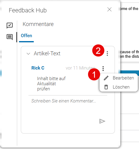Kommentare im Feedback Hub löschen