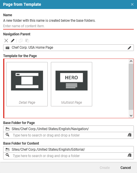 Create from template dialog