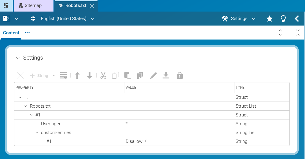 Channel settings with configuration for Robots.txt as a linked setting on a root page