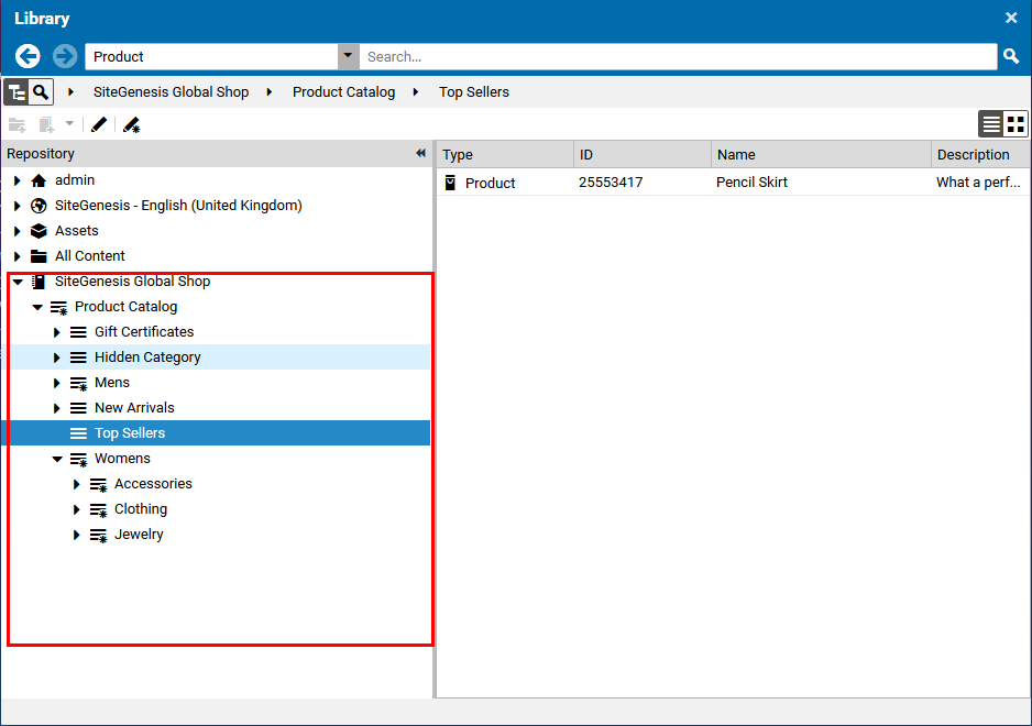 Library with catalog in the tree view