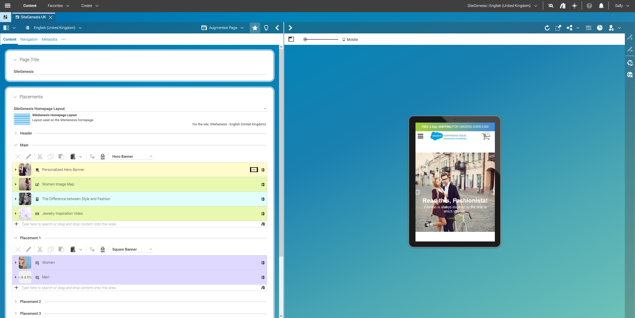 Responsive Preview of the storefront experience within CoreMedia Studio (here: mobile view)